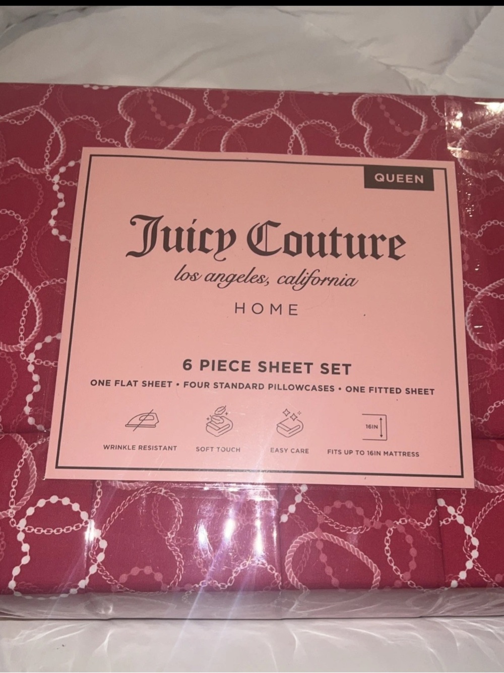 Juicy Couture 6 Piece Sheet Set  Queen Heart Motif Pink